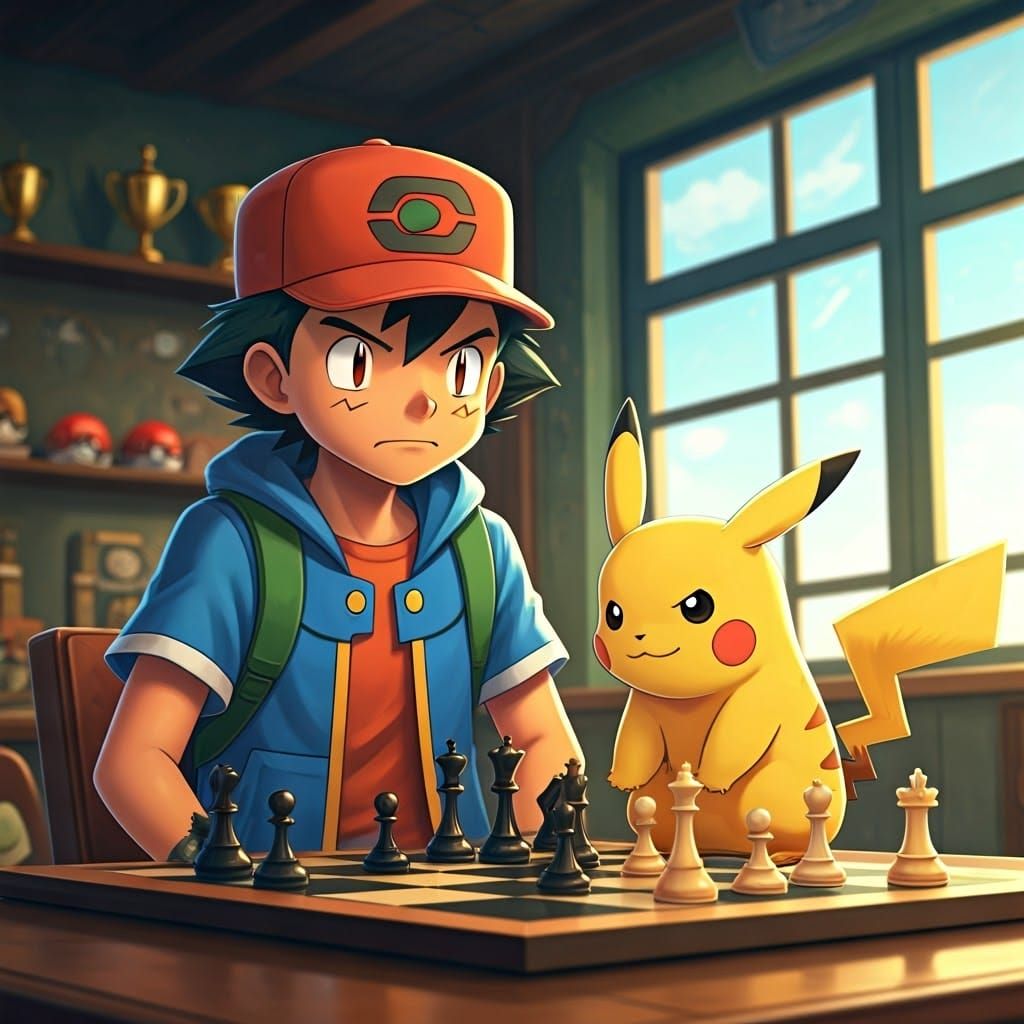 Pikachu Checkmates Ash in Vibrant Pokémon Training Center