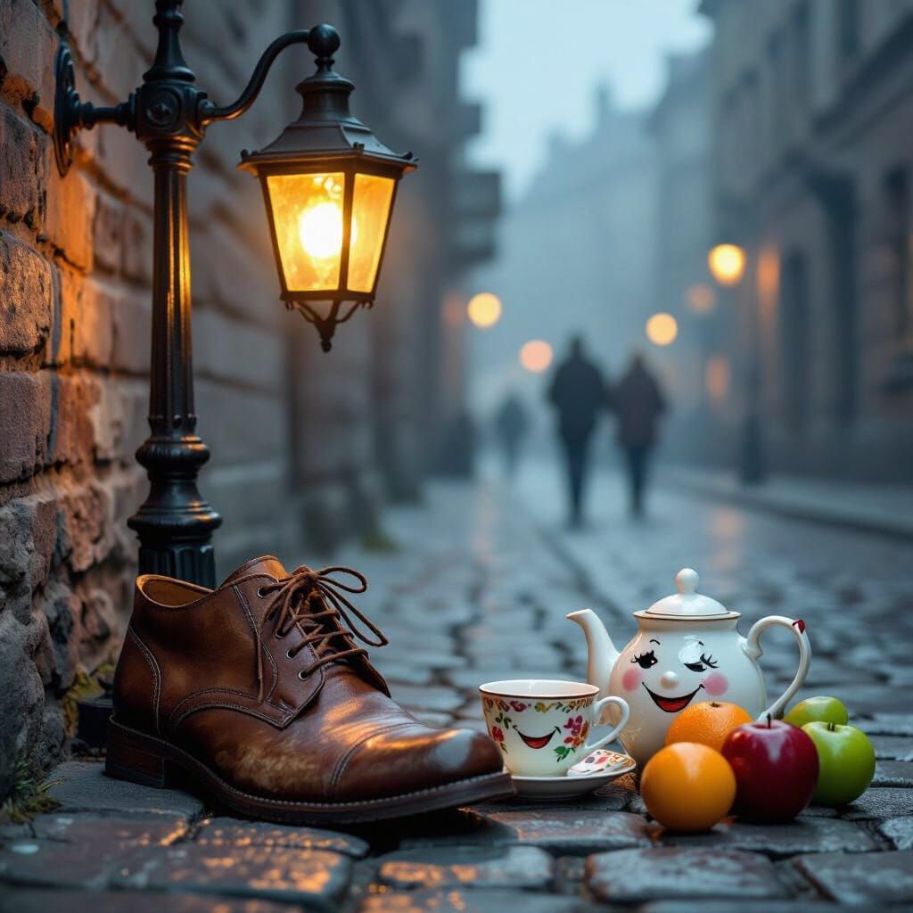 Whimsical Shoe, Lamp, and Teapot Scene