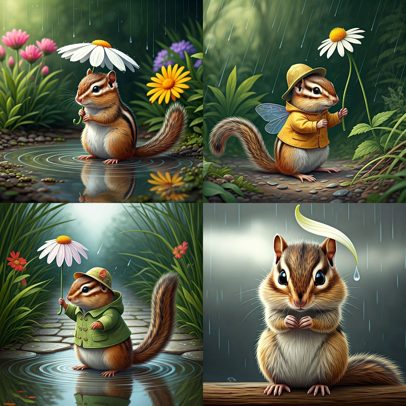 Sunny Chipmunk Stays Dry Under Flower Umbrella