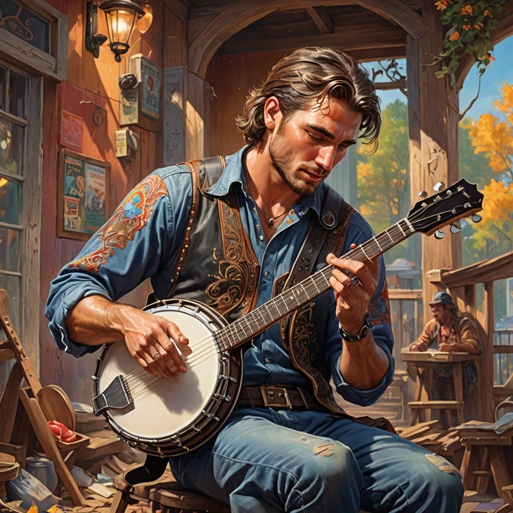 Hyperrealistic Banjo Player: Romance Novel Cover Art