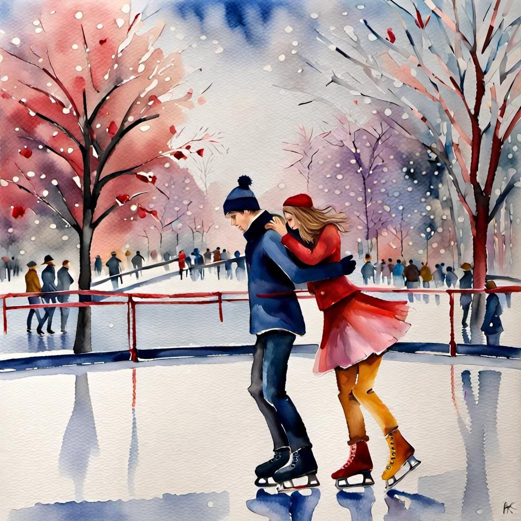 Romantic Ice Skating Couple in Impressionist Style
