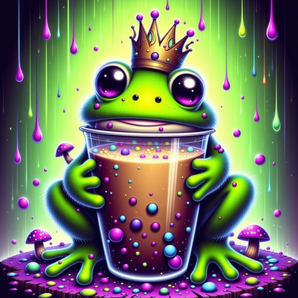 Quirky Frog King Enjoys Boba Tea in Surreal Landscape