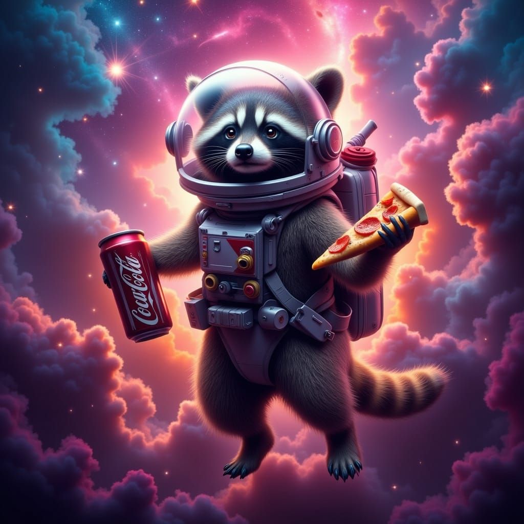 Astronaut Raccoon Eats Pizza in Nebula