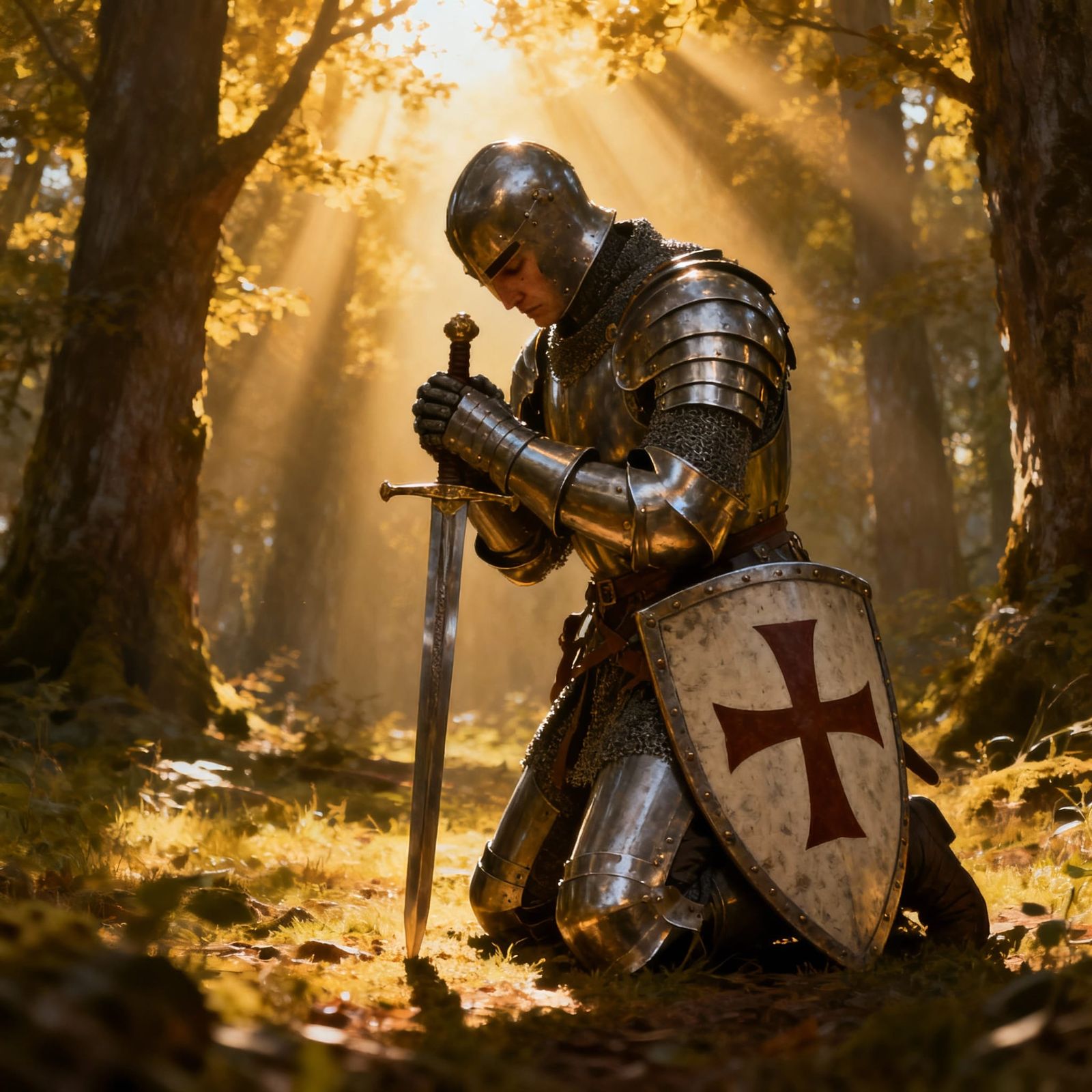 Medieval Knight in Prayer with Sword and Shield