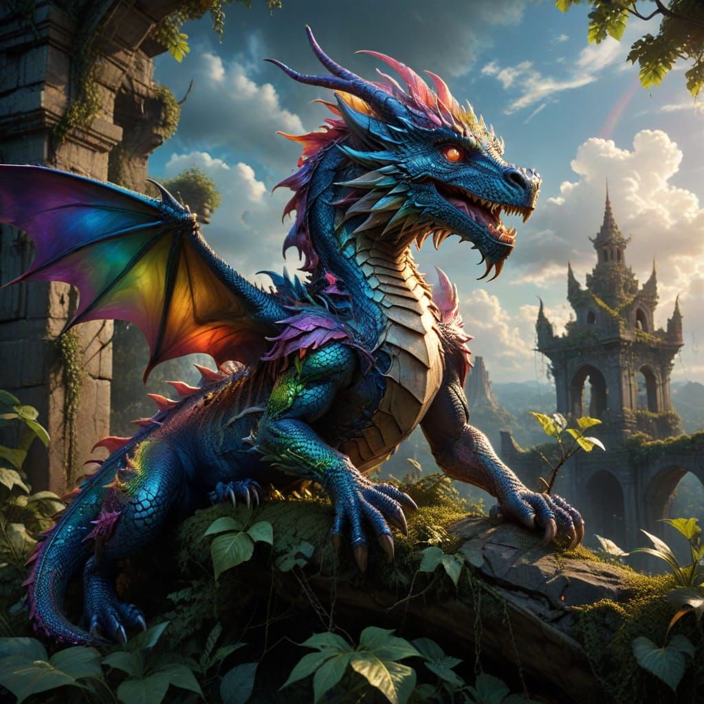 Rainbow Dragon Camouflaged in Overgrown Ruins
