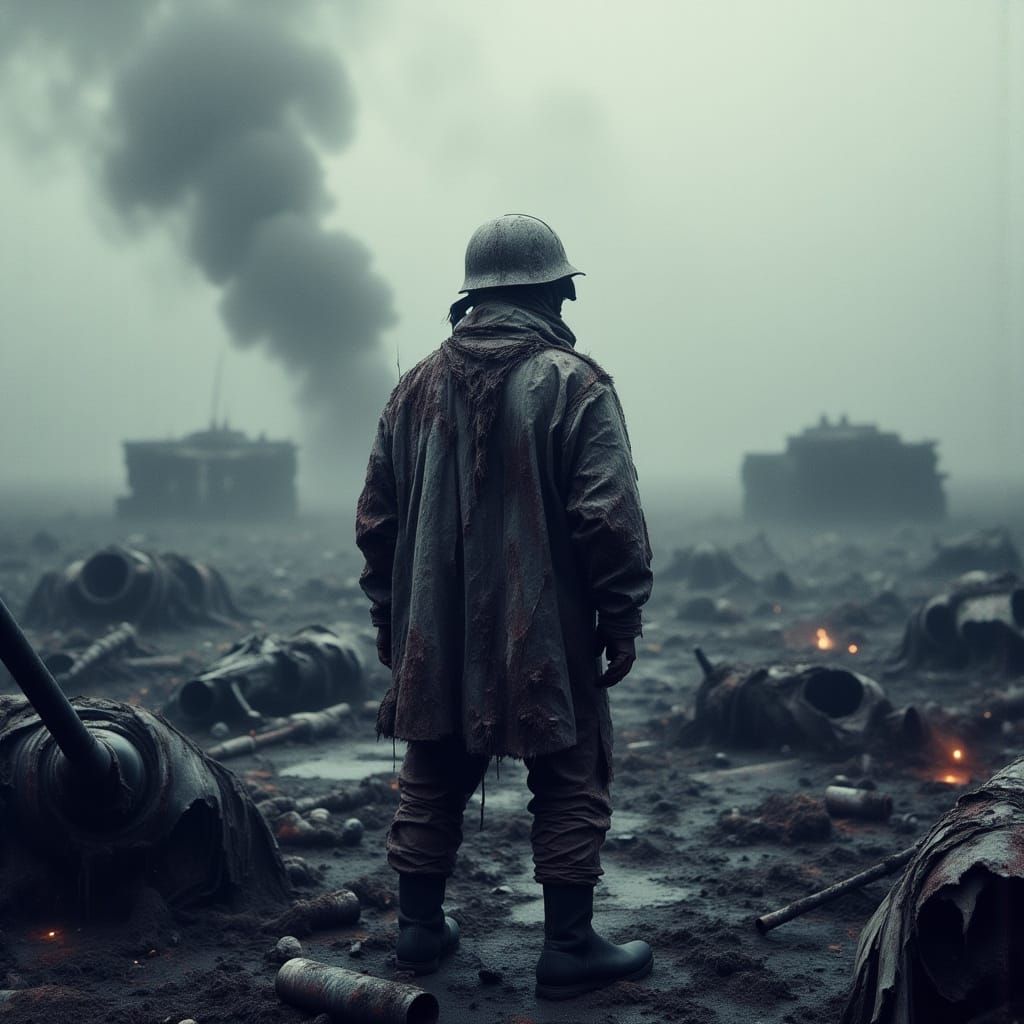 Blood-Soaked Soldier Amidst War-Torn Landscape