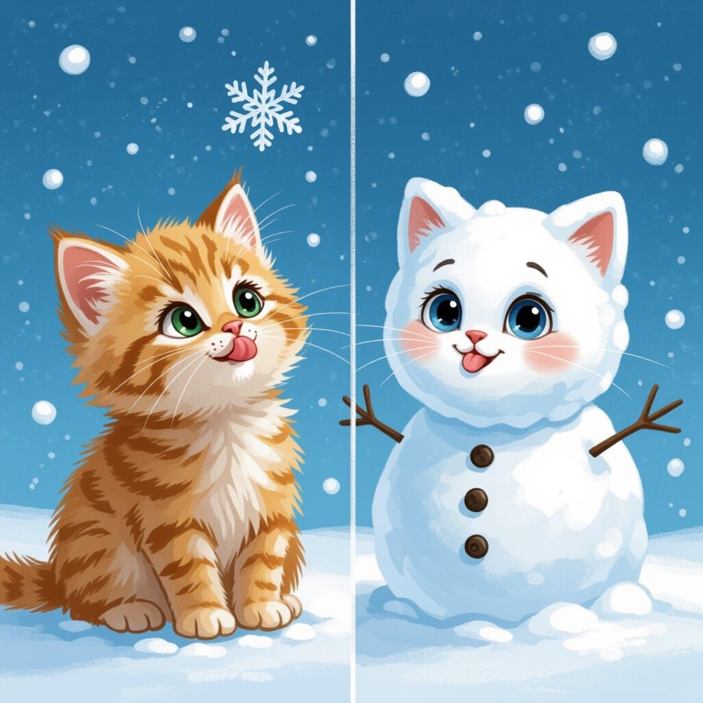 Fuzzy Kitten Catches Snowflake in Whimsical Cartoon Style