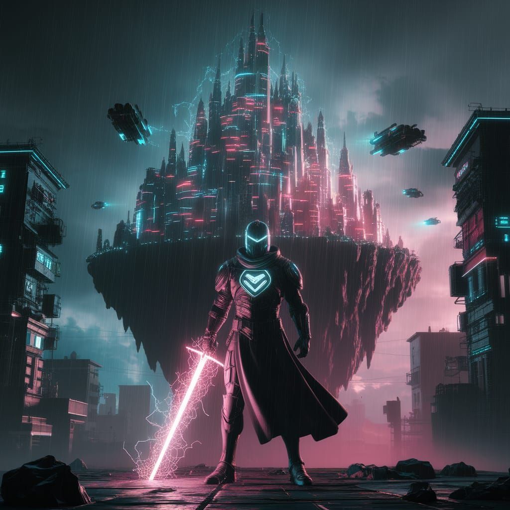 Cyberpunk Knight Guards Neon Castle in a Hyper-Realistic Sce...