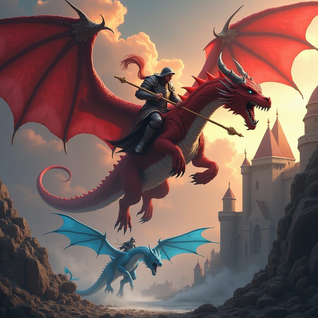 Red Dragon Rider Charges Blue Dragon in Fiery Sky