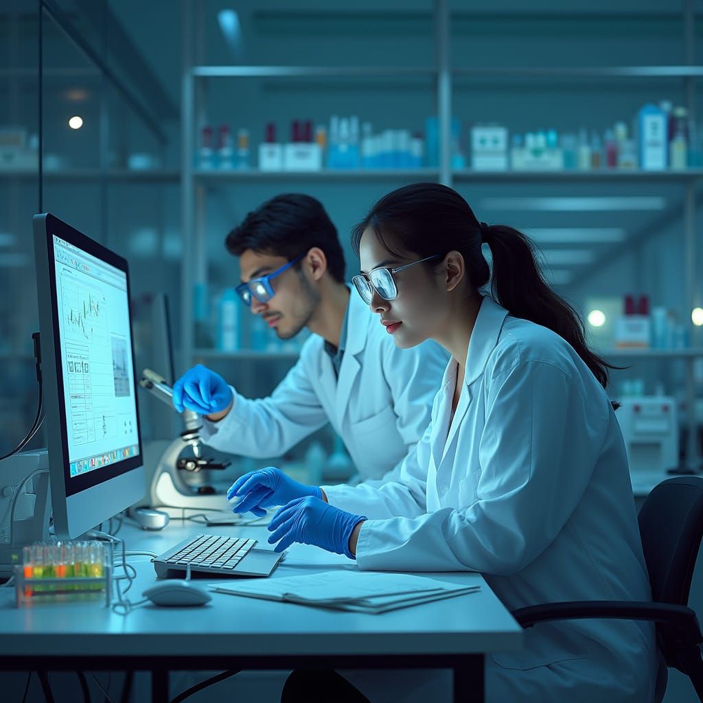 Futuristic Lab Scene with Researchers Examining Data