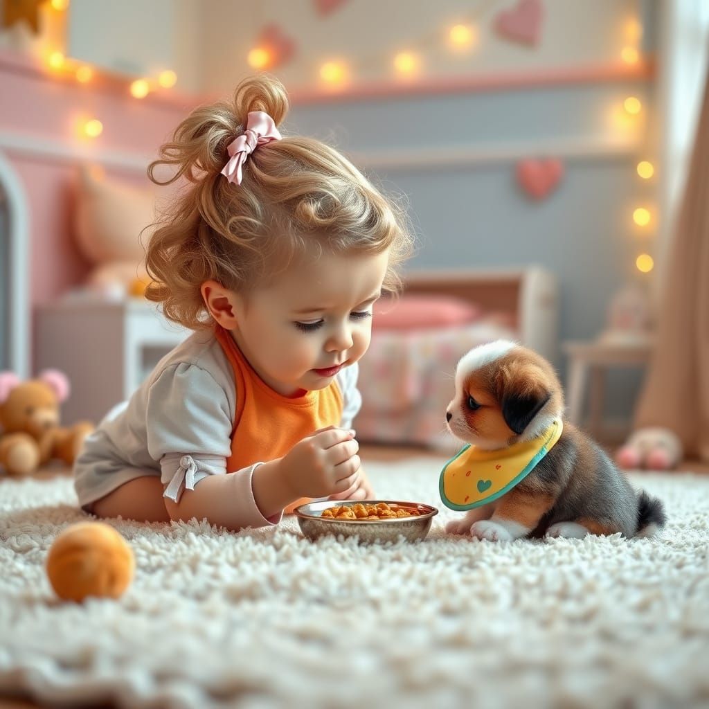 Girl Feeds Adorable Puppy in Whimsical Beatrix Potter Style