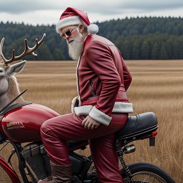 Santa Claus Rides Reindeer in Red Leather