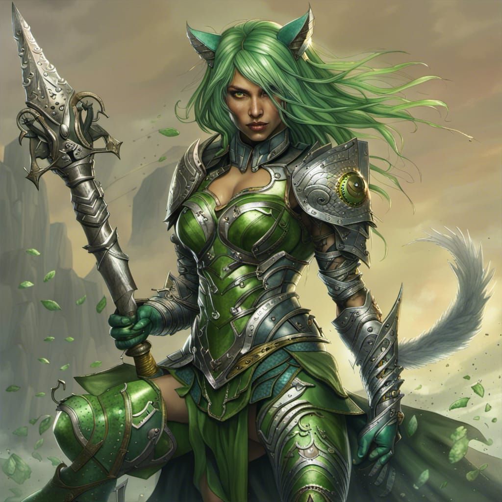Armored Cat-Woman Warrior in Forest, Fantasy Art