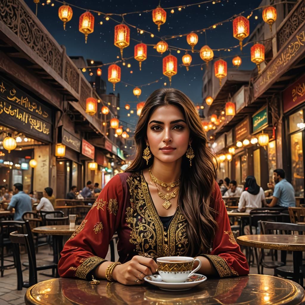 Pakistani Woman at Dubai Cafe, Digital Art