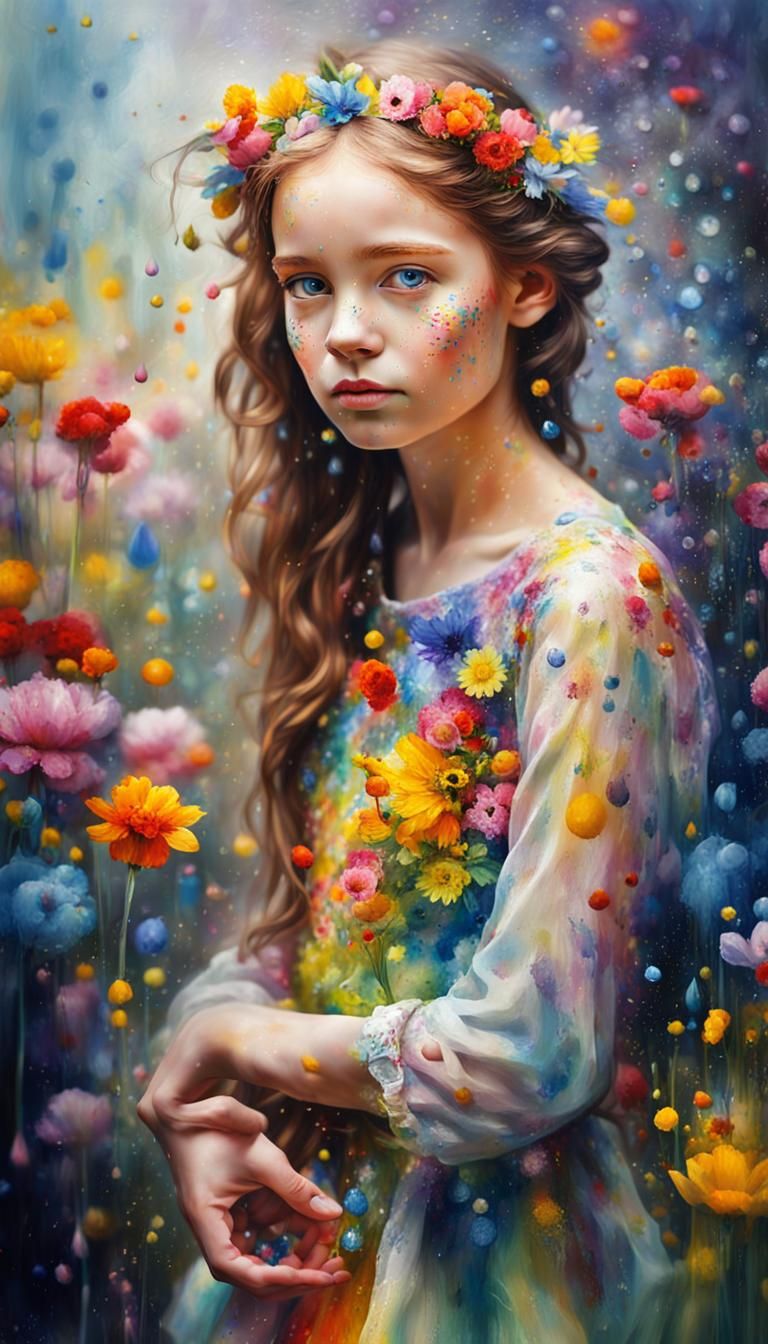Colorful Oil Portrait of Girl in Floral Dress