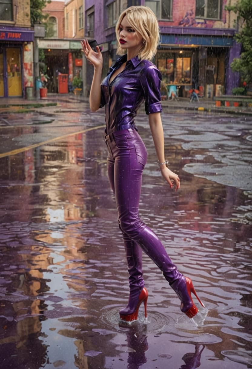 Glamorous Woman with Wet Hair in Purple Outfit