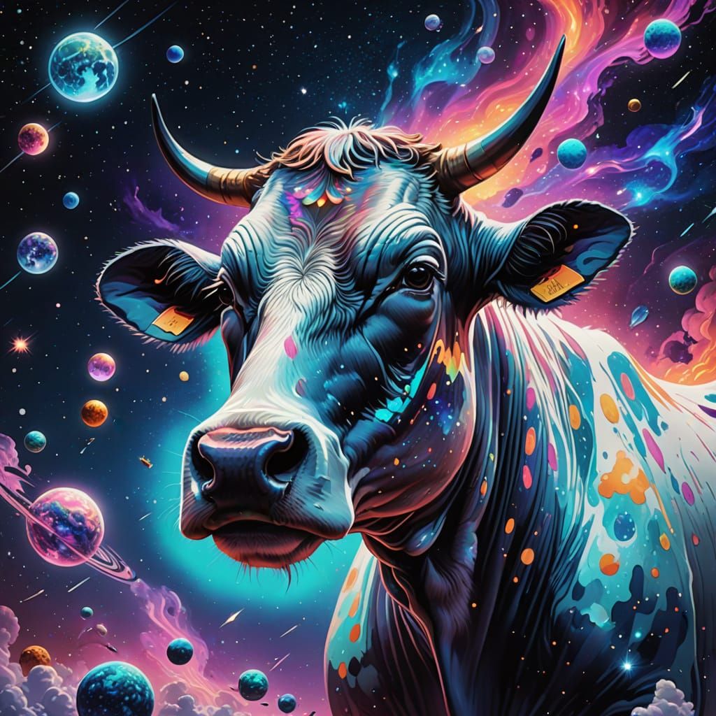 Surreal Cosmic Cow with Vibrant Neon Galaxies