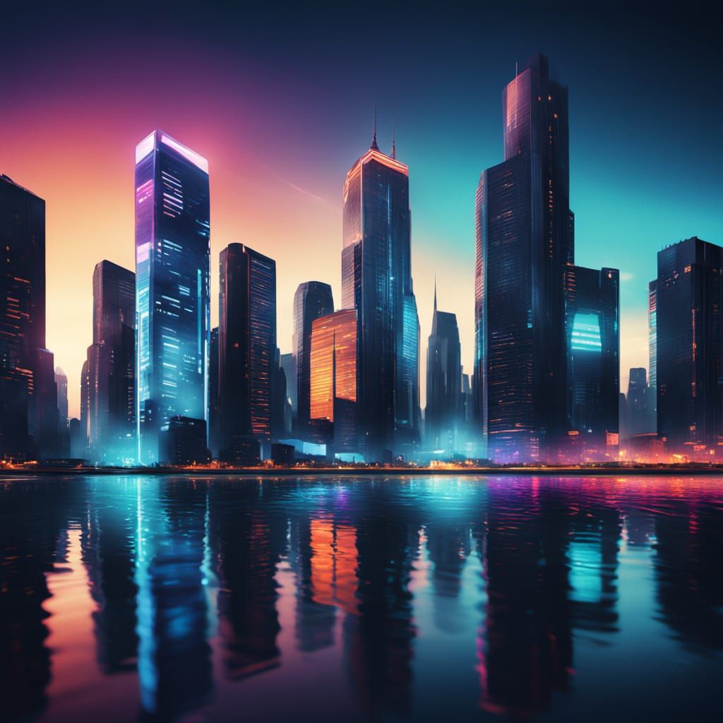 Vibrant Cyberpunk Cityscape with Neon Lights and Reflections