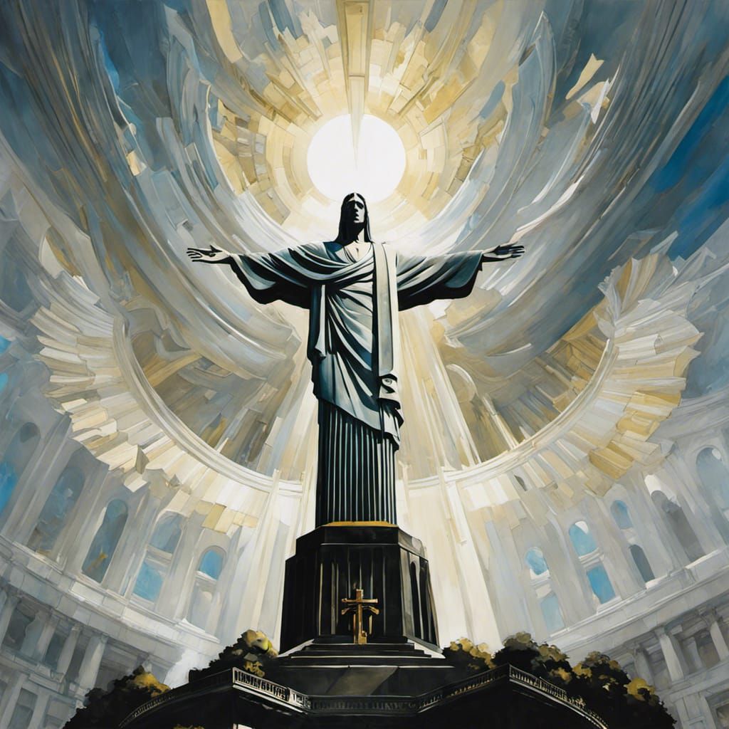 Christ the Redeemer Statue in Gouache Painting Style