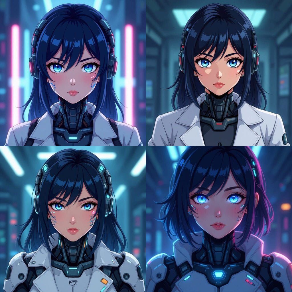 Female Cybernetic Scientist with Blue Eyes in Anime Style