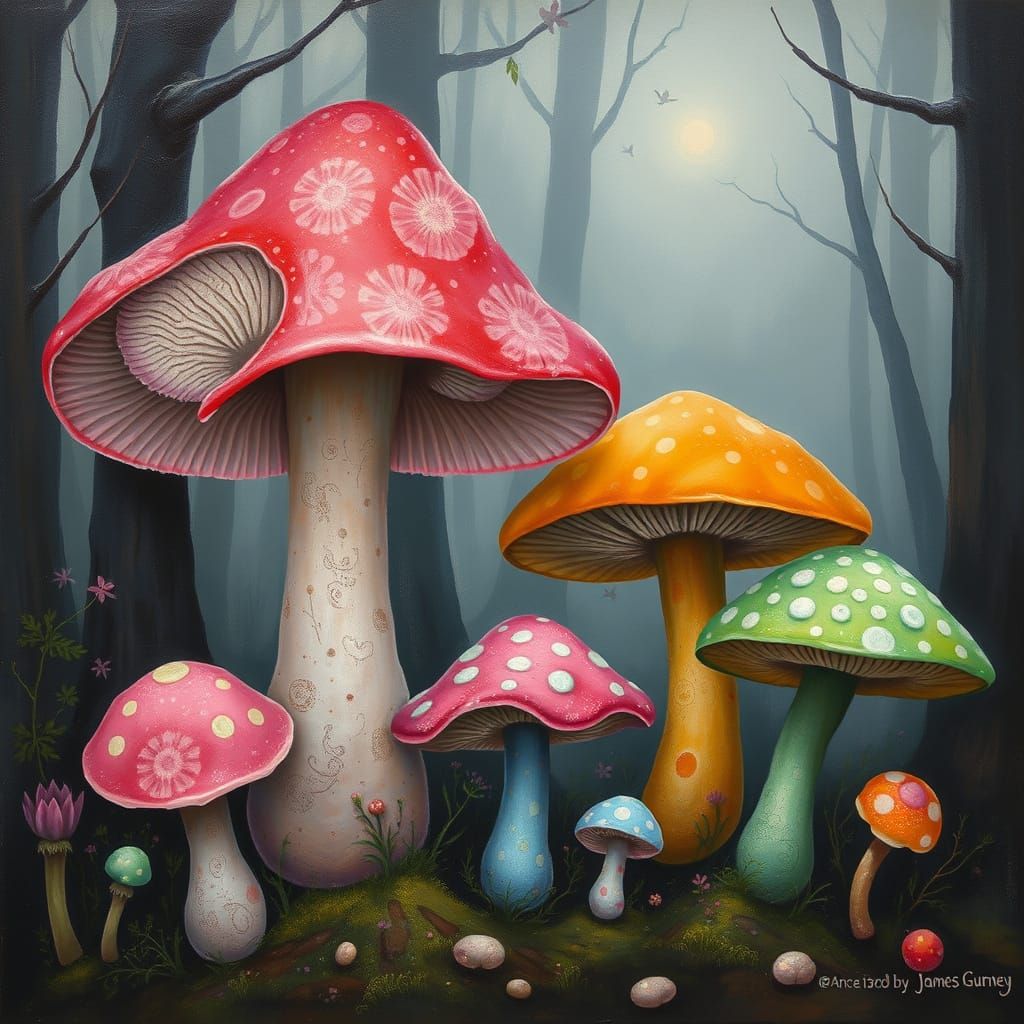 A mesmerizing painting captures a magical forest where oversized, whimsical mushrooms dominate the scene. These fantasti...