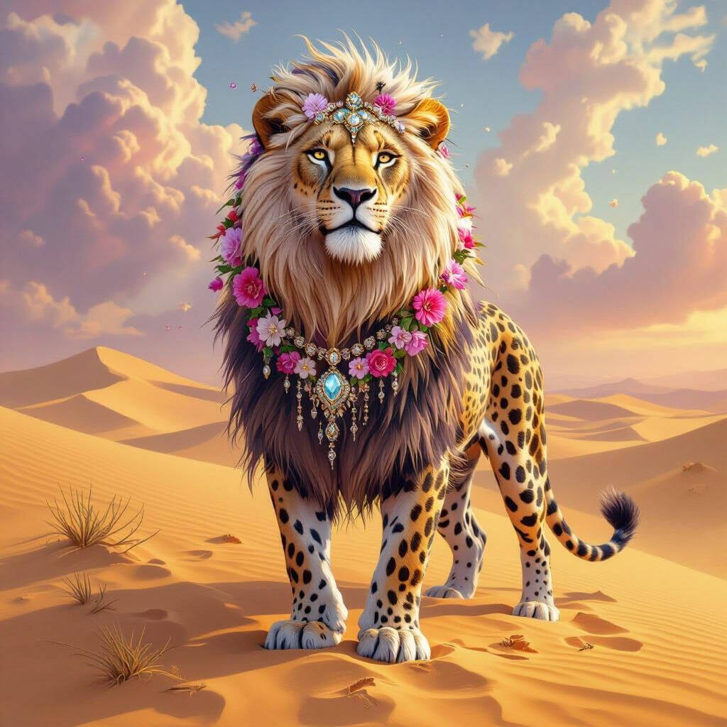 Lion-Leopard Hybrid in Sahara Desert, Surreal Poster Art