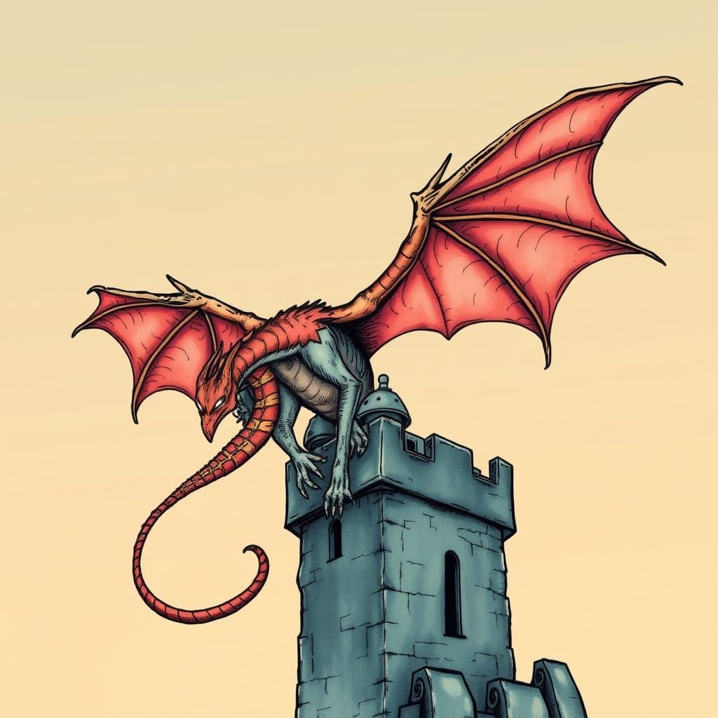 Wyvern Perched on Tower in Alcohol Ink Style