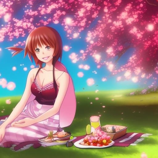 Woman's Picnic Under Cherry Blossoms in Anime Style