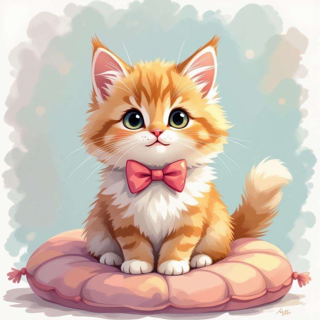 Adorable Cat with Bow Tie, Miyazaki-Inspired Art