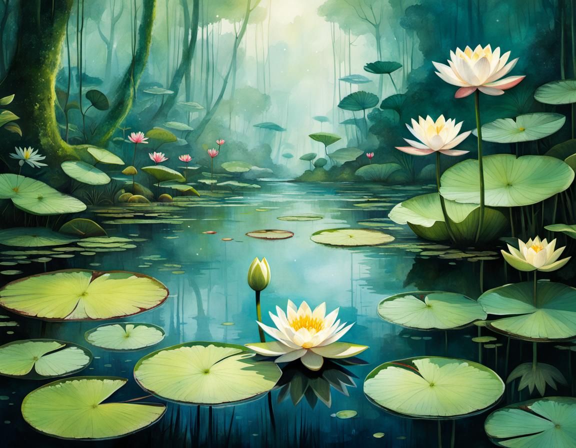 Gorgeous Water Lily in Rainforest Illustration