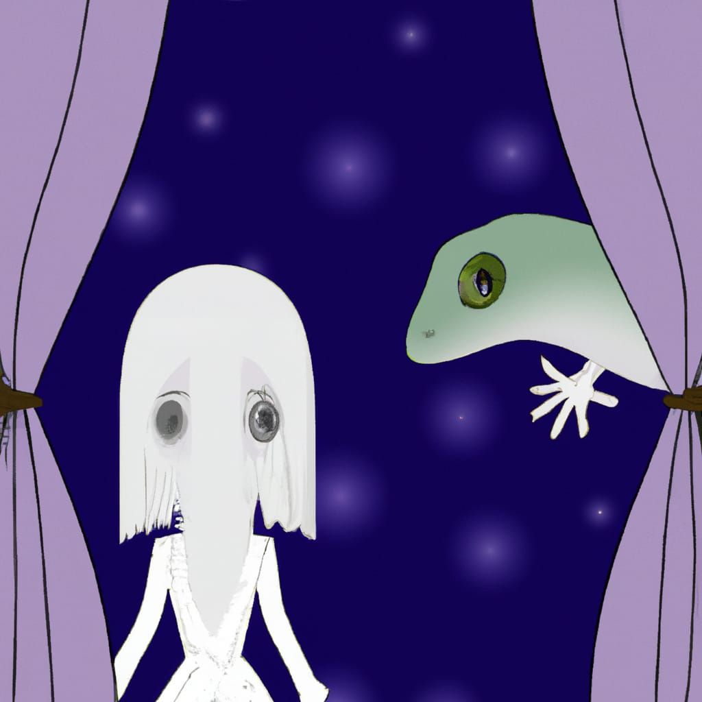 A sad ghost princess behind a curtain together with a gecko