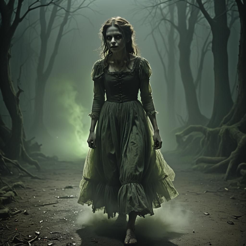 Eerie Girl in Dark Fantasy Horror Ambiance