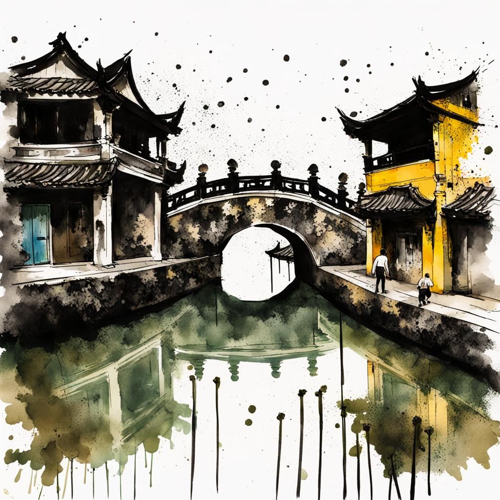 Japanese Bridge in Hoi An with Ink Splatter