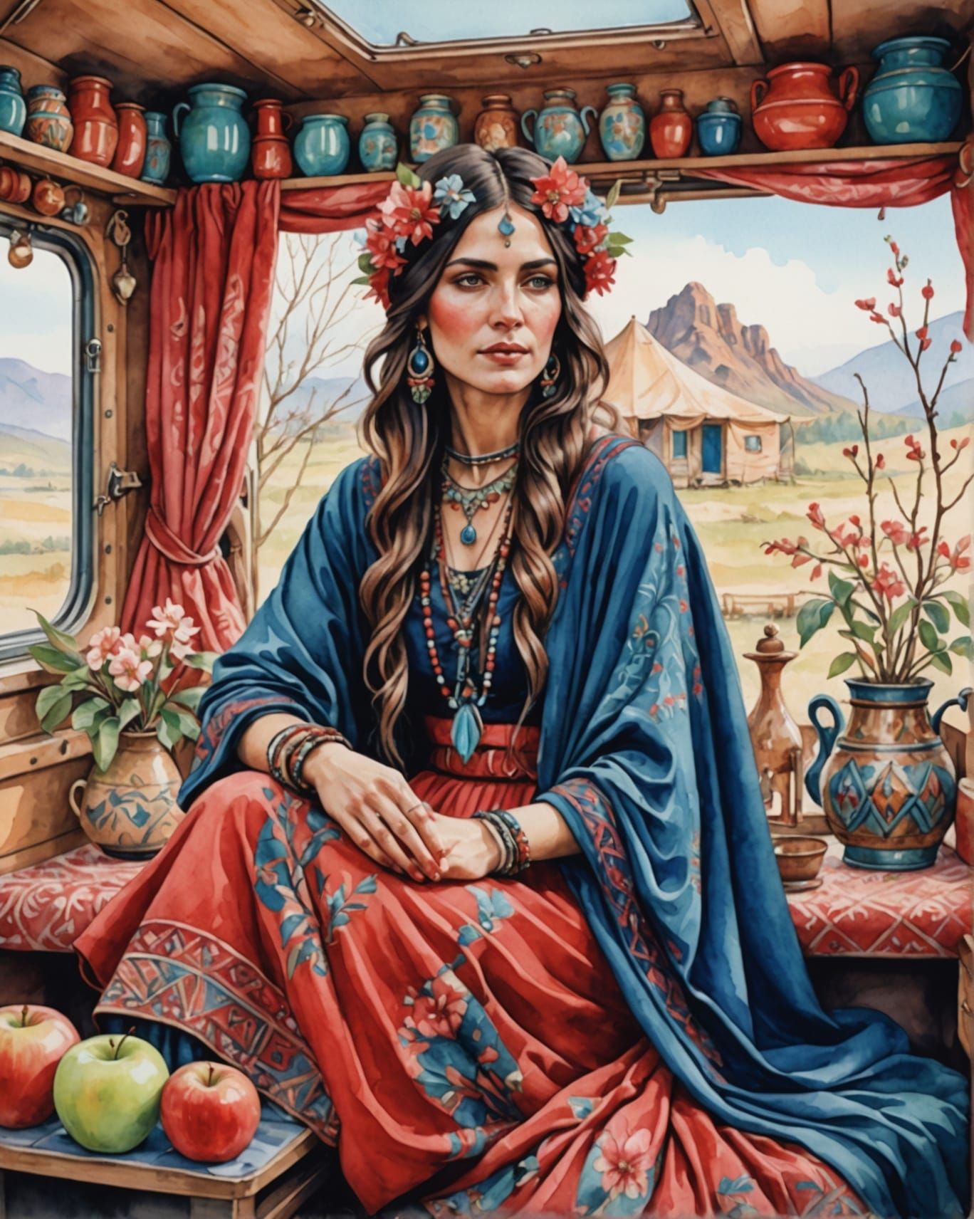 Bohemian Gypsy in Caravan: Art Nouveau Watercolor