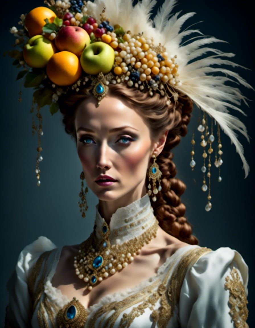 model  Sandra with stylish fruit hat