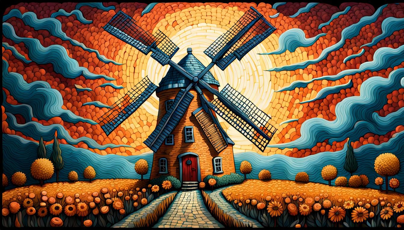 Anthropomorphic Windmill in Lace Dress, Van Gogh Style