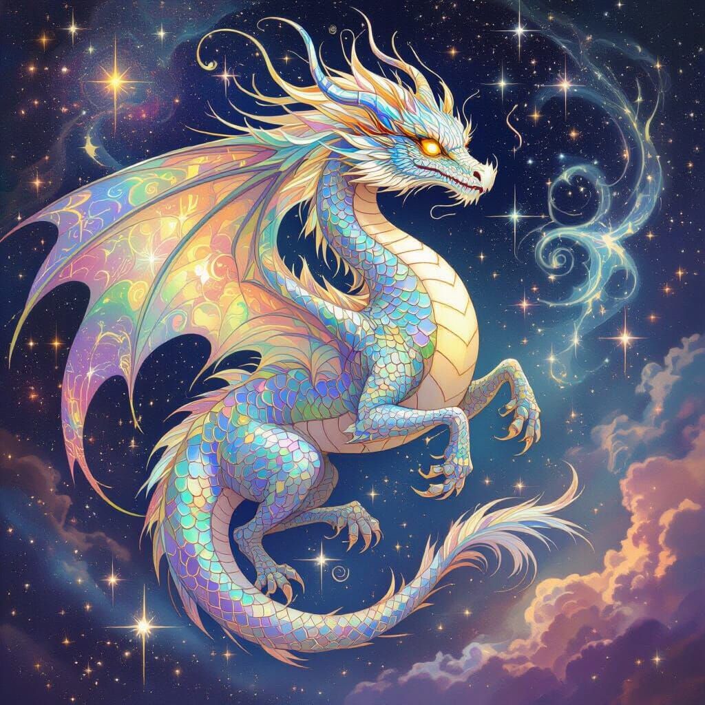 Celestial Dragon Dances Among the Stars in Art Nouveau Style