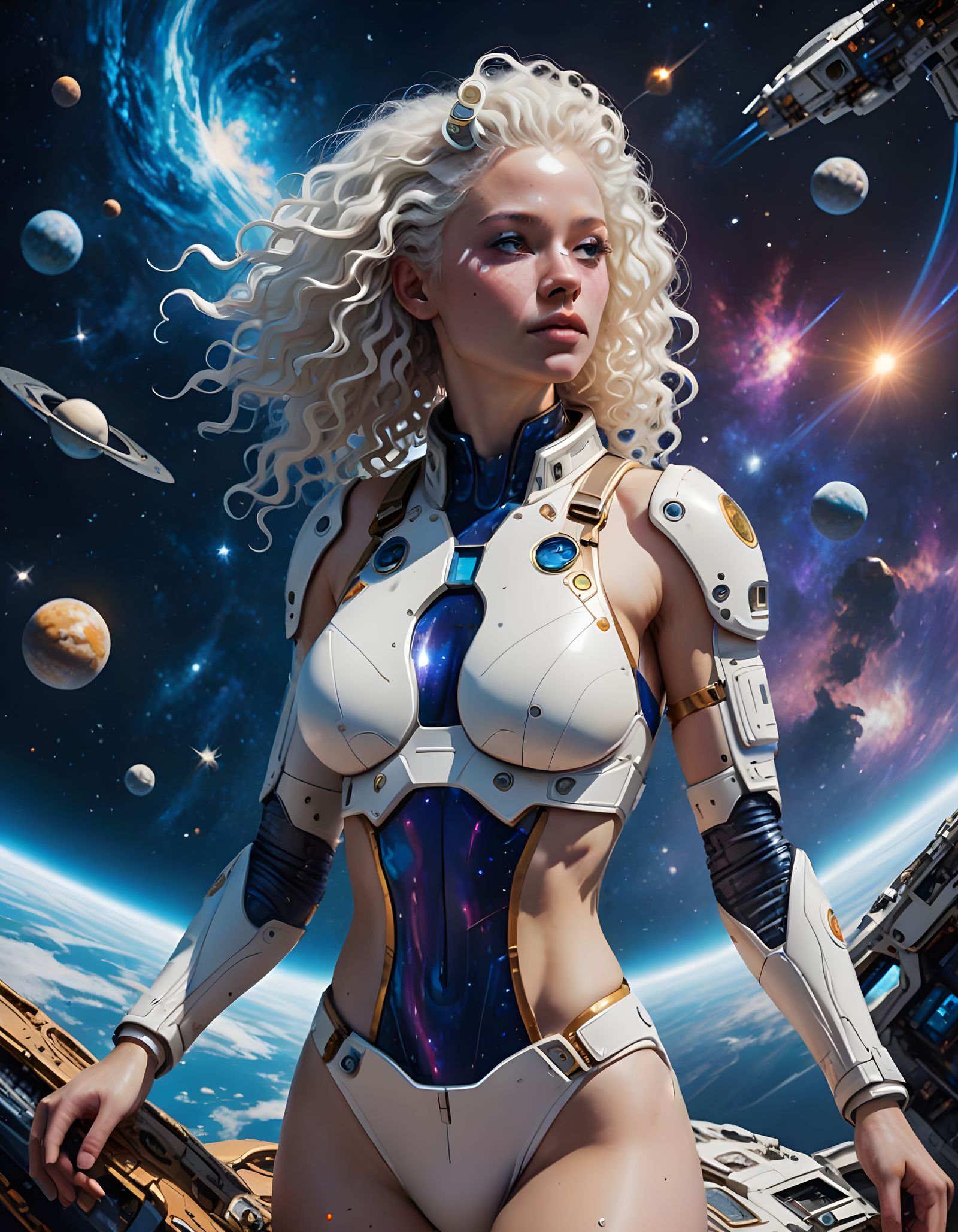 Albino Woman and Futuristic Starship in Space