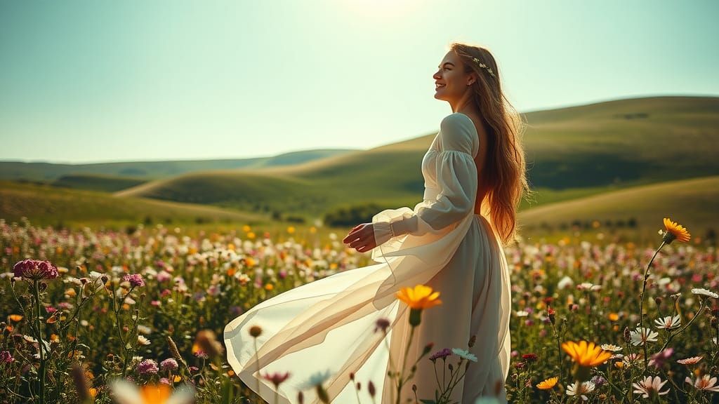 Woman in Sunlit Meadow, Pre-Raphaelite Style
