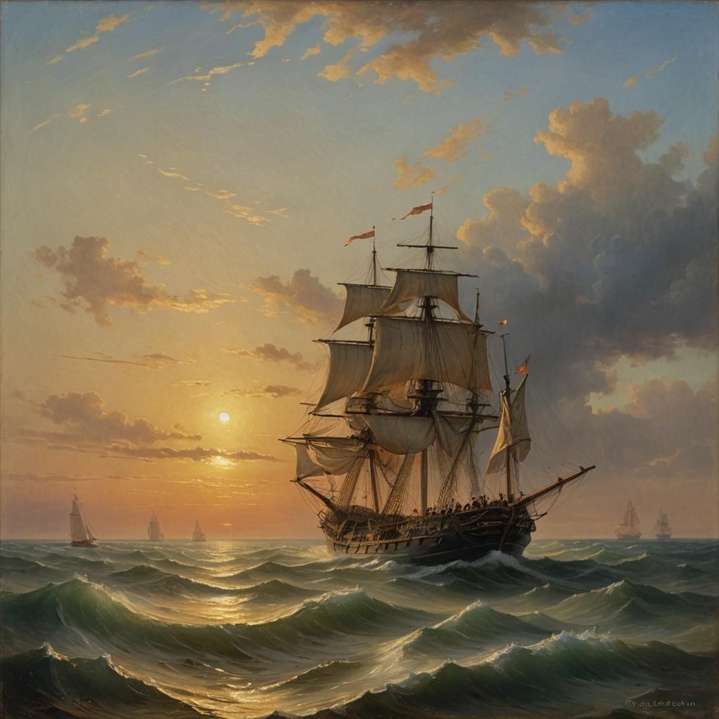 Sailing Ship at Sea in Golden Hour, Impasto Painting