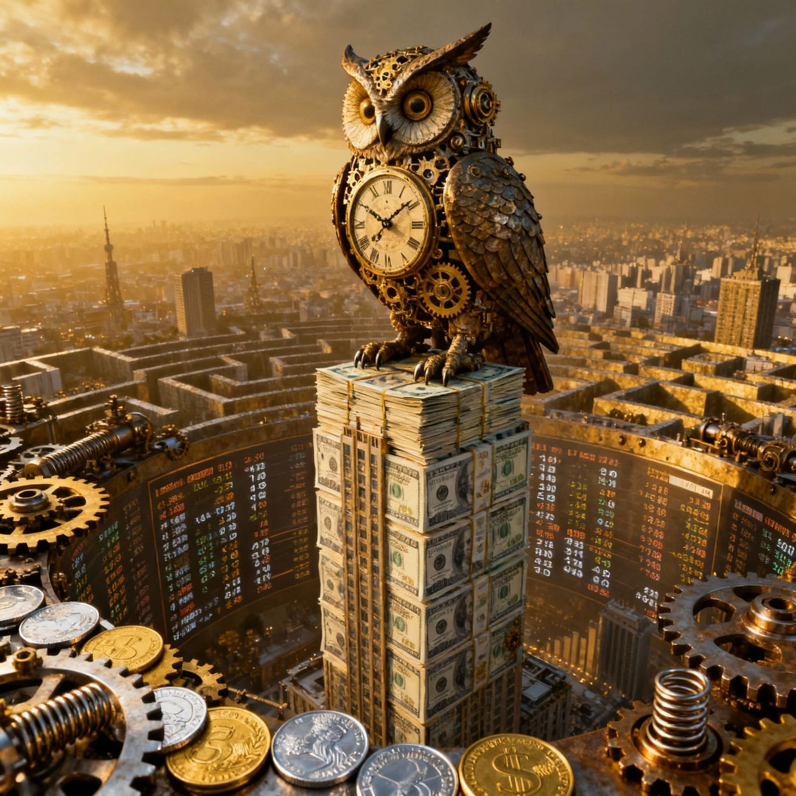 Golden Clockwork Owl on Skyscraper in Steampunk Style