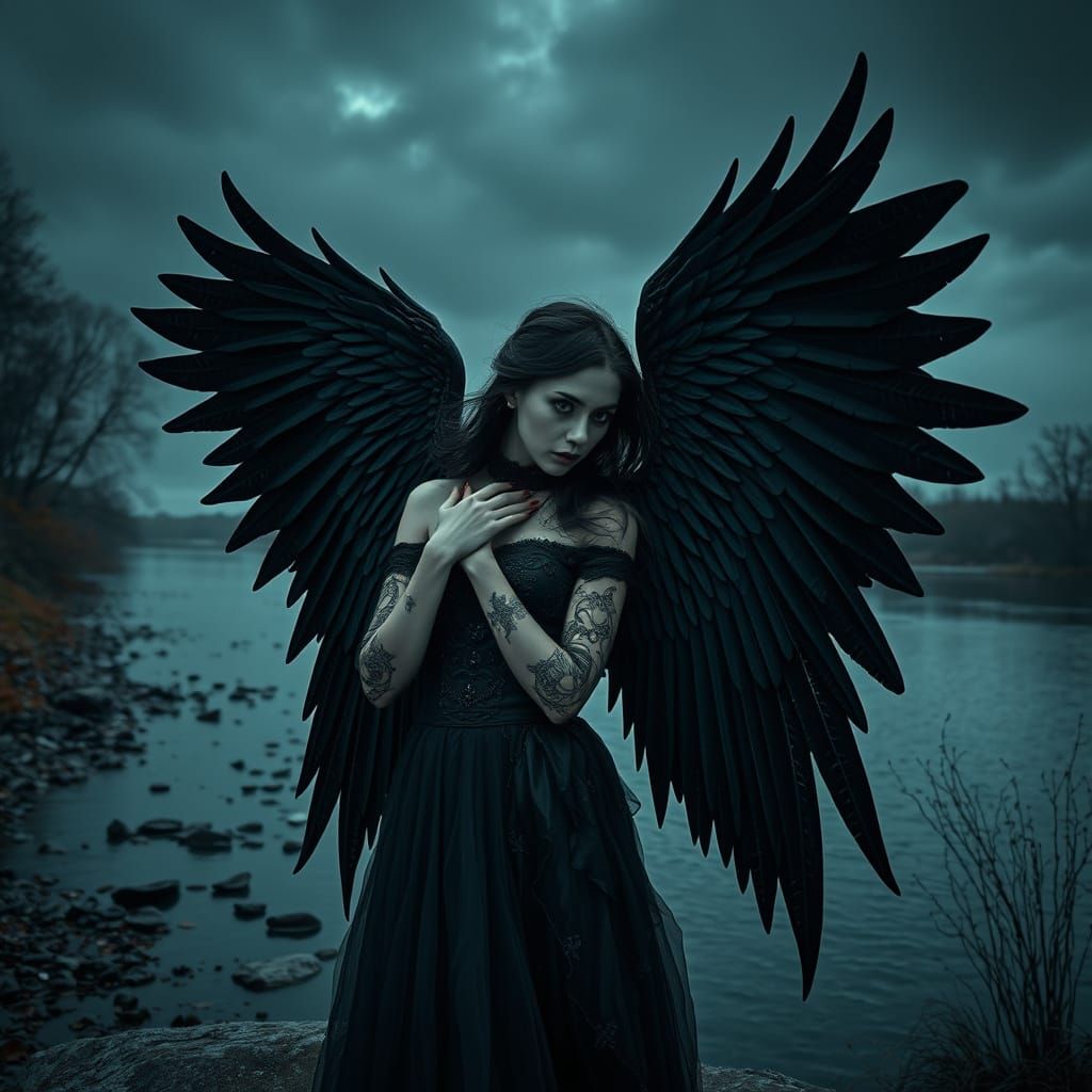 Gothic Woman with Wings in a Moody River Landscape