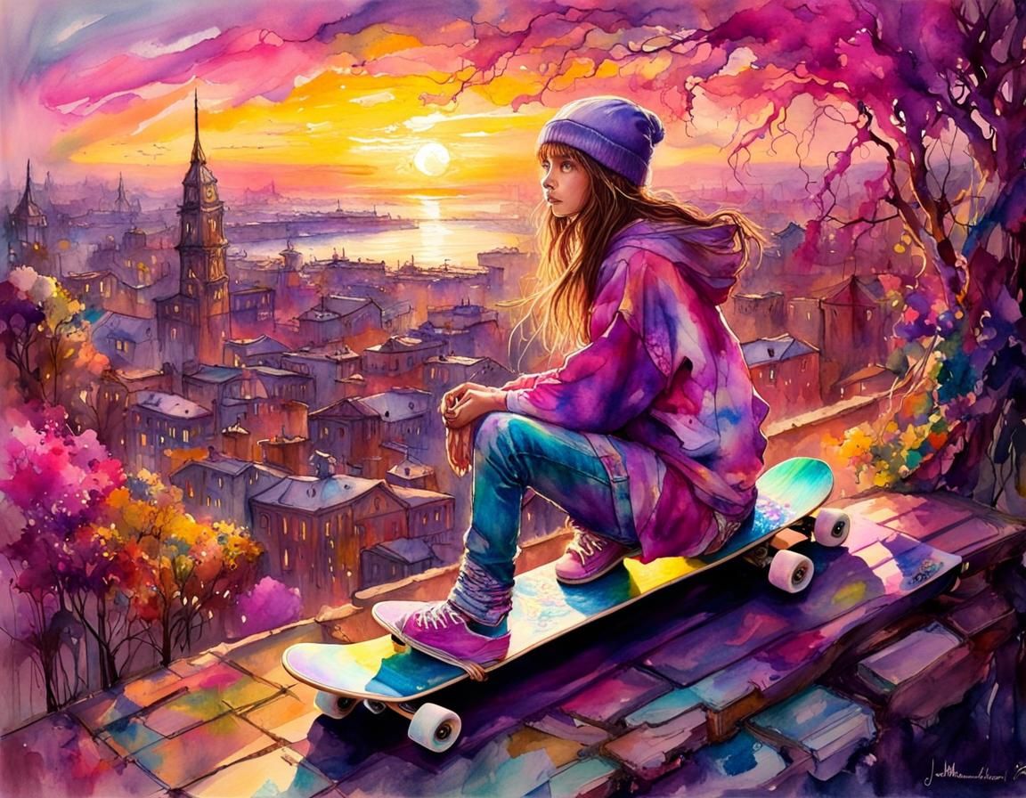 Sunset Skateboard World in Aetherpunk Style