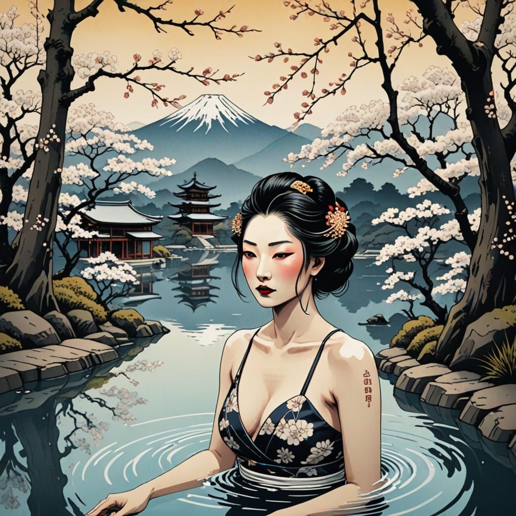 Serene Geisha Samurai in Cherry Blossom Pool, Traditional Ja...