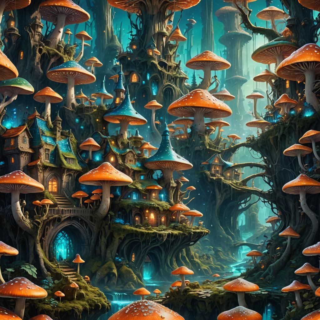 Luminescent Mushroom City in Magical Forest