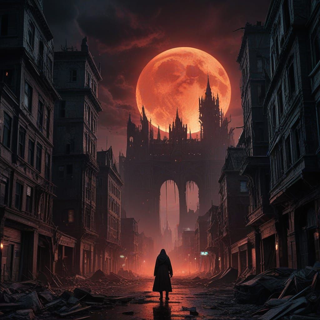 Menacing Presence in Abandoned City Under Blood Moon