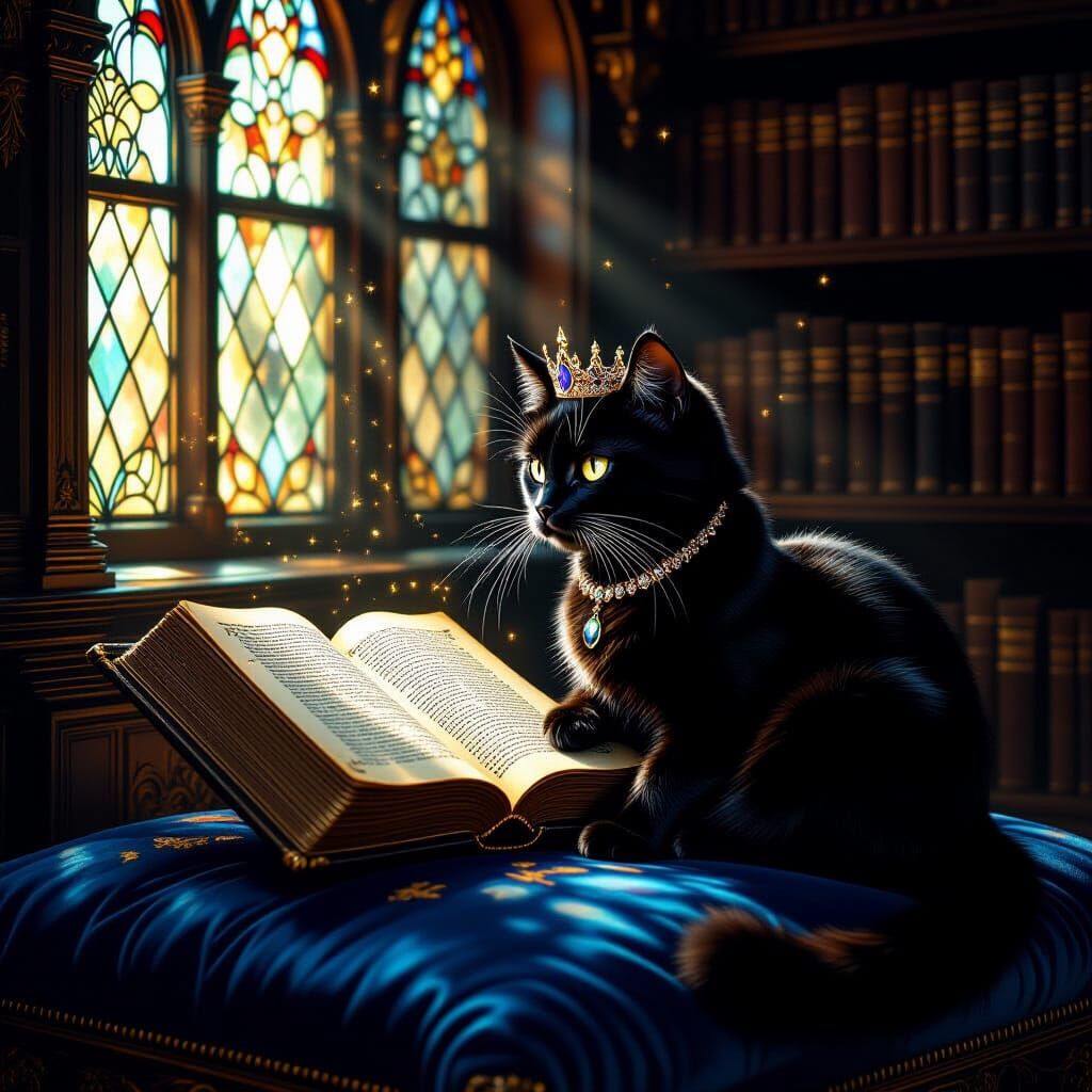 Majestic Black Cat with Crown in Ancient Library