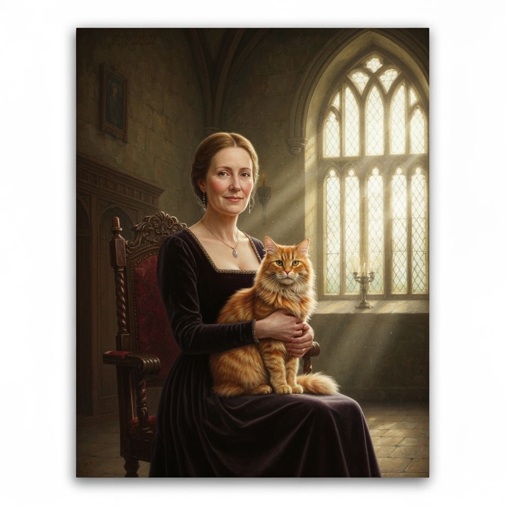 Woman and Cat in Medieval Castle Hall Oil Painting