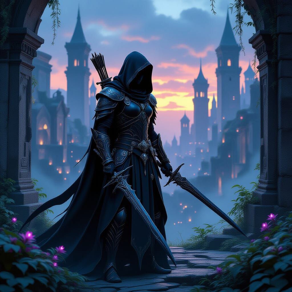 Drow Warrior in Ruined Elven City at Twilight
