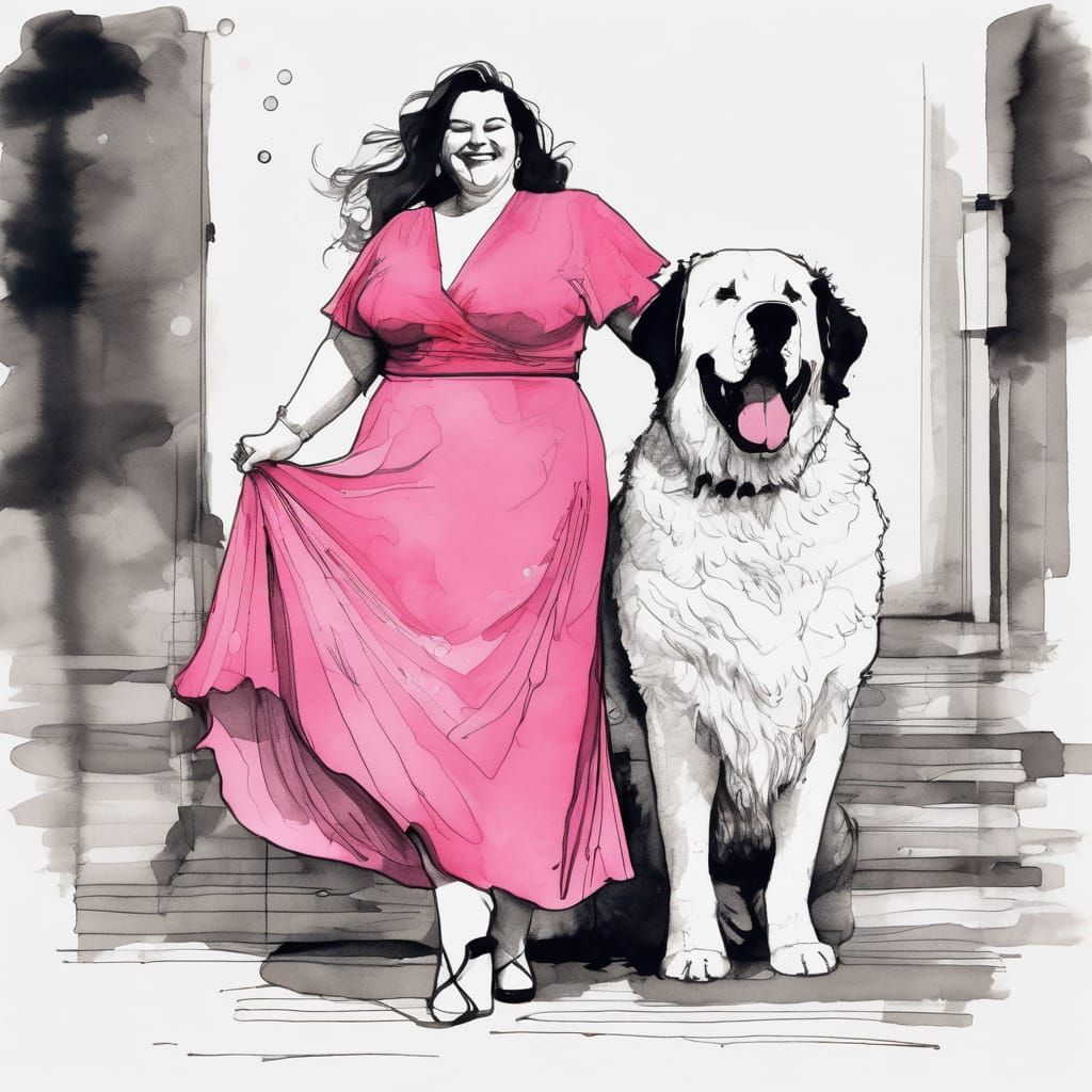 Joyful Plus-Size Woman and Saint Bernard Fashion Sketch